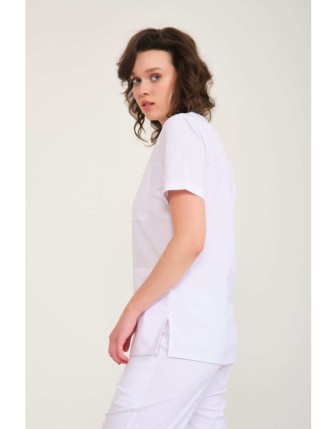 Likralı Scrubs Zarf Yaka Takım - Beyaz