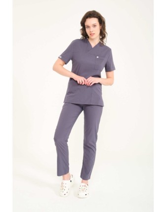 Likralı Scrubs Zarf Yaka Takım - Füme