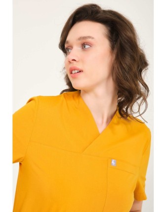 Likralı Scrubs Zarf Yaka Takım - Hardal