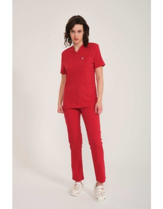 Likralı Scrubs Zarf Yaka Takım - Kırmızı