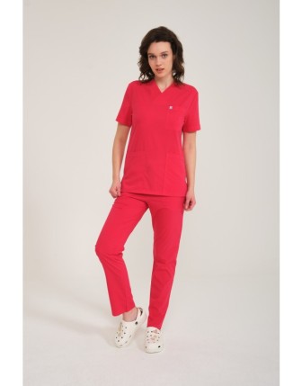 Likralı Scrubs Zarf Yaka Takım - Nar Çiçeği