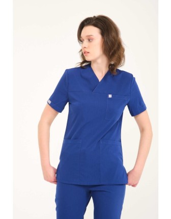 Likralı Scrubs Zarf Yaka Takım - Saks Mavi