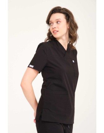Likralı Scrubs Zarf Yaka Takım - Siyah