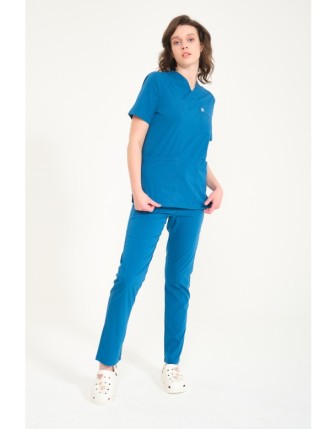 Likralı Scrubs Zarf Yaka Takım - Turkuaz