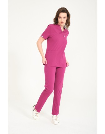Likralı Scrubs Zarf Yaka Takım - Vişne