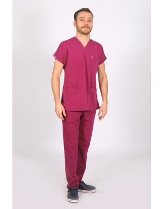 Likralı Yarasa Kol Scrubs Takım - Vişne