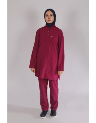 Likralı Tesettür Scrubs Takım - Vişne