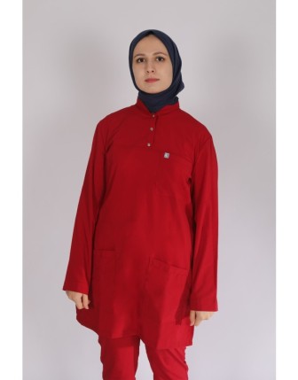 Likralı Tesettür Scrubs Tek Üst - Kırmızı