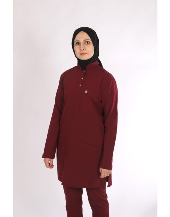 Likralı Tesettür Scrubs Tek Üst - Bordo