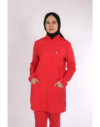 Likralı Tesettür Scrubs Tek Üst - Nar Çiçeği