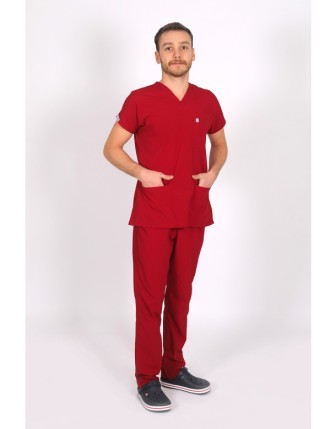 Likralı Yarasa Kol Scrubs Takım - Kırmızı