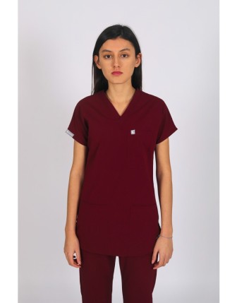 Likralı Scrubs Yarasa Kol Tek Üst - Bordo