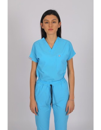 Likralı Scrubs Yarasa Kol Tek Üst - Bebe Mavi