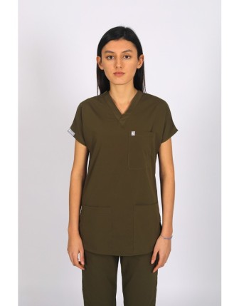 Likralı Scrubs Yarasa Kol Tek Üst - Haki