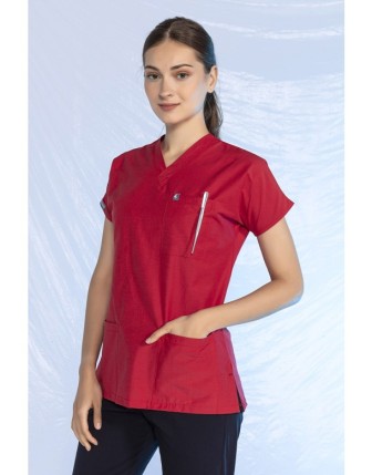 Likralı Scrubs Yarasa Kol Tek Üst - Kırmızı