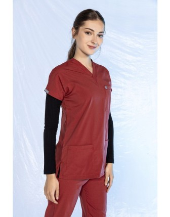 Likralı Scrubs Yarasa Kol Tek Üst - Kiremit