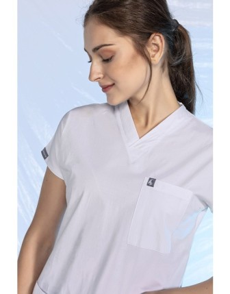 Likralı Scrubs Yarasa Kol Tek Üst - Beyaz