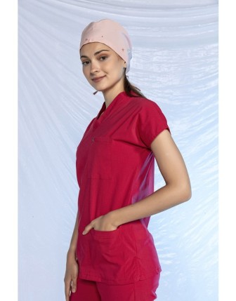 Likralı Scrubs Yarasa Kol Tek Üst - Nar Çiçeği