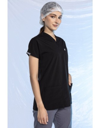 Likralı Scrubs Yarasa Kol Tek Üst - Siyah