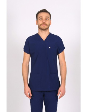 Likralı Scrubs Yarasa Kol Tek Üst - Saks Mavi