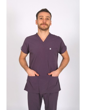 Likralı Scrubs Yarasa Kol Tek Üst - Mürdüm