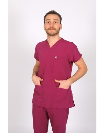 Likralı Scrubs Yarasa Kol Tek Üst - Vişne