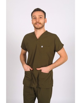 Likralı Scrubs Yarasa Kol Tek Üst - Haki