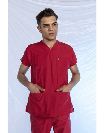 Likralı Scrubs Yarasa Kol Tek Üst - Kırmızı