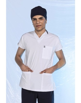 Likralı Scrubs Yarasa Kol Tek Üst - Beyaz