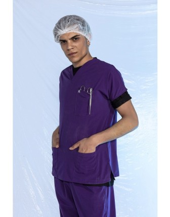 Likralı Scrubs Yarasa Kol Tek Üst - Mor