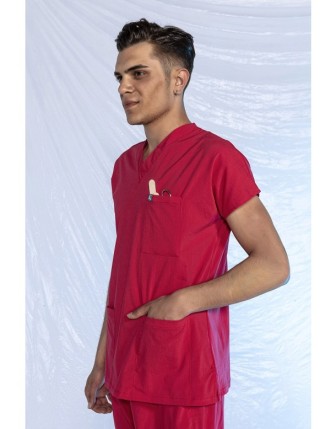 Likralı Scrubs Yarasa Kol Tek Üst - Nar Çiçeği