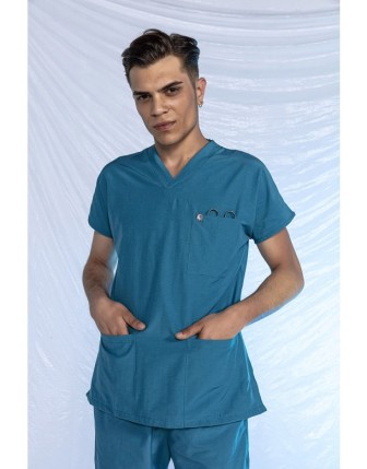 Likralı Scrubs Yarasa Kol Tek Üst - Turkuaz