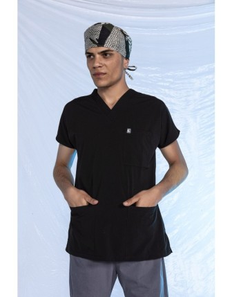Likralı Scrubs Yarasa Kol Tek Üst - Siyah