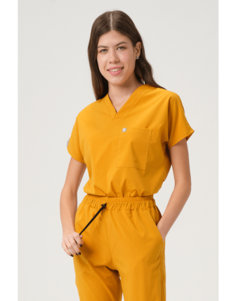 Likralı Scrubs Yarasa Kol Tek Üst - Hardal