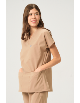 Likralı Scrubs Yarasa Kol Tek Üst - Bej