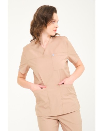 Pratik Medikal Likralı Scrubs Zarf Yaka Üniforma Tek Üst - Bej