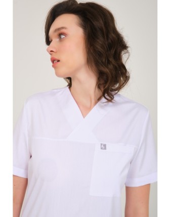 Pratik Medikal Likralı Scrubs Zarf Yaka Üniforma Tek Üst - Beyaz