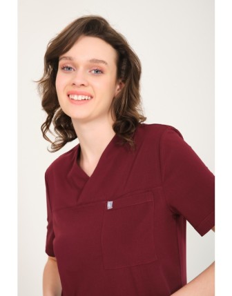 Pratik Medikal Likralı Scrubs Zarf Yaka Üniforma Tek Üst - Bordo