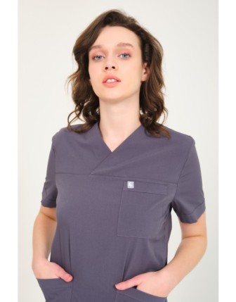 Pratik Medikal Likralı Scrubs Zarf Yaka Üniforma Tek Üst - Füme