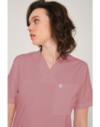 Pratik Medikal Likralı Scrubs Zarf Yaka Üniforma Tek Üst - Gül Kurusu