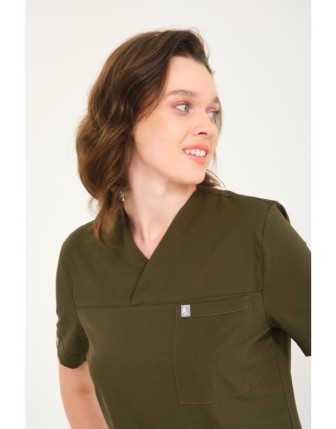 Pratik Medikal Likralı Scrubs Zarf Yaka Üniforma Tek Üst - Haki Yeşil