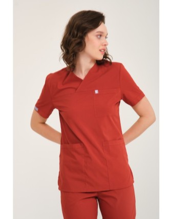 Pratik Medikal Likralı Scrubs Zarf Yaka Üniforma Tek Üst - Kiremit