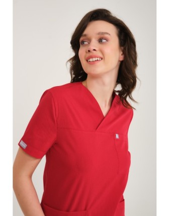 Pratik Medikal Likralı Scrubs Zarf Yaka Üniforma Tek Üst - Kırmızı