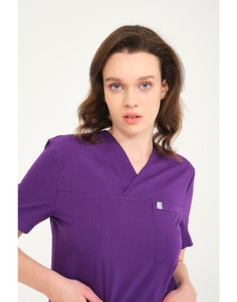 Pratik Medikal Likralı Scrubs Zarf Yaka Üniforma Tek Üst - Mor