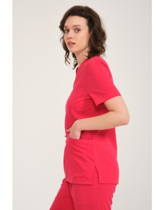 Pratik Medikal Likralı Scrubs Zarf Yaka Üniforma Tek Üst - Nar Çiçeği