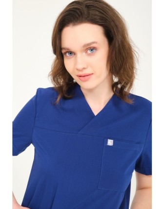 Pratik Medikal Likralı Scrubs Zarf Yaka Üniforma Tek Üst - Saks Mavi