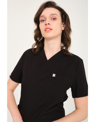Pratik Medikal Likralı Scrubs Zarf Yaka Üniforma Tek Üst - Siyah