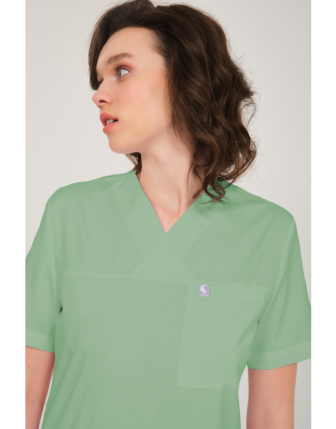 Likralı Scrubs Zarf Yaka Takım - Çağla Yeşili