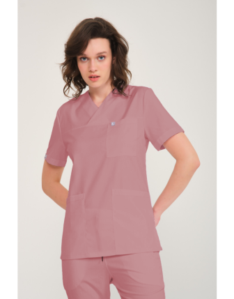 Likralı Scrubs Zarf Yaka Takım - Gül Kurusu