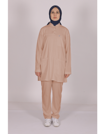 Likralı Tesettür Scrubs Tek Üst - Bej